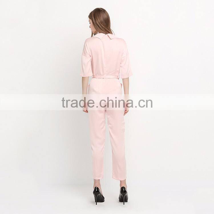 HAODUOYI Women Sexy Plunge Neck Three Quarter Sleeves Tailored Belted Casual High Waist Romper