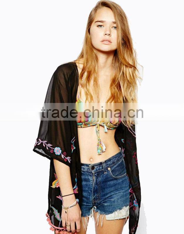 2014 Wholesale Half Sleeve Printed Chiffon Ladies Blouse Design Hot Sexy Kimono