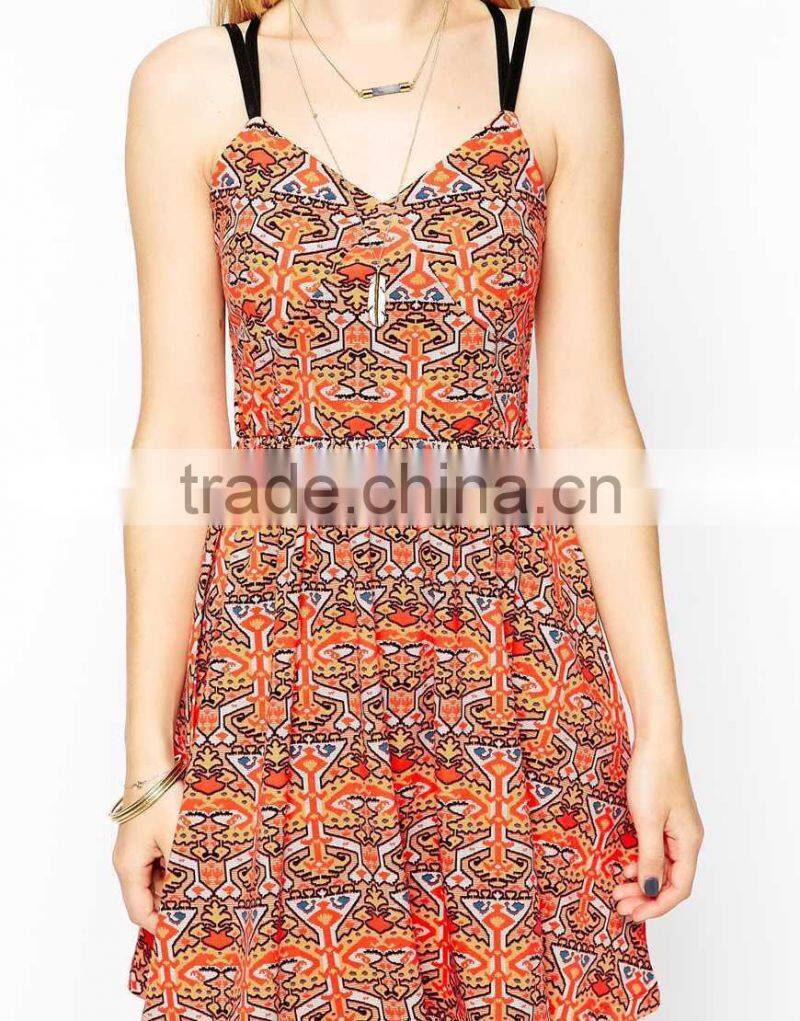 Tribal Print Floral Print Strap Dress robe soie imprime new fashion women clothing