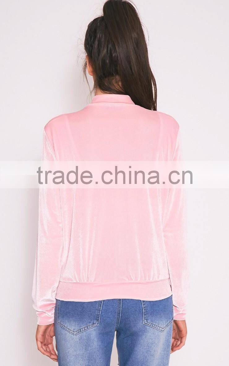 Custom Design Women Baseball Zip Up Bomber Baby Pink Plain Velvet Bomber Jacket Outwear