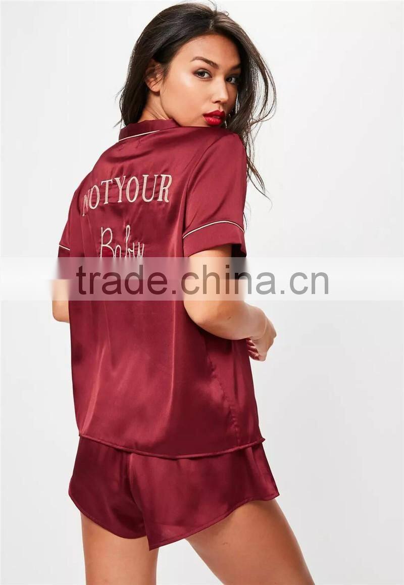 MGOO Hot Sale Custom Buttons Up Pyjamas Sets Short Sleeves Shirt And Bottom Satin Piped Moonnight Wear
