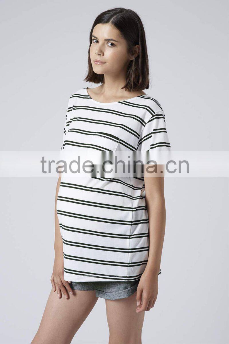 Cheap double stripe short sleeves maternity t-shirt wear with front pocket