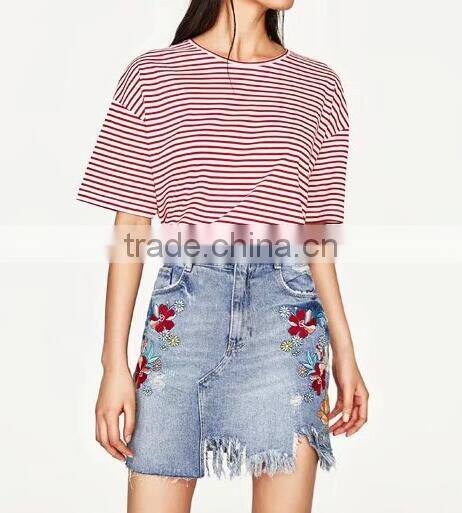 Runwaylover 131 Ladies 2017 Fashion High Waist Embroidery Denim Skirt