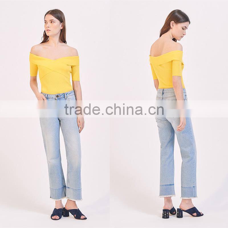 Elasticated knit crossover shape V-neck short sleeves strapless tank