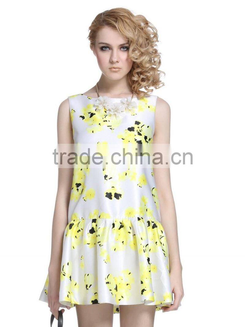 Girls full printing falbala sleeveless Peplum dress