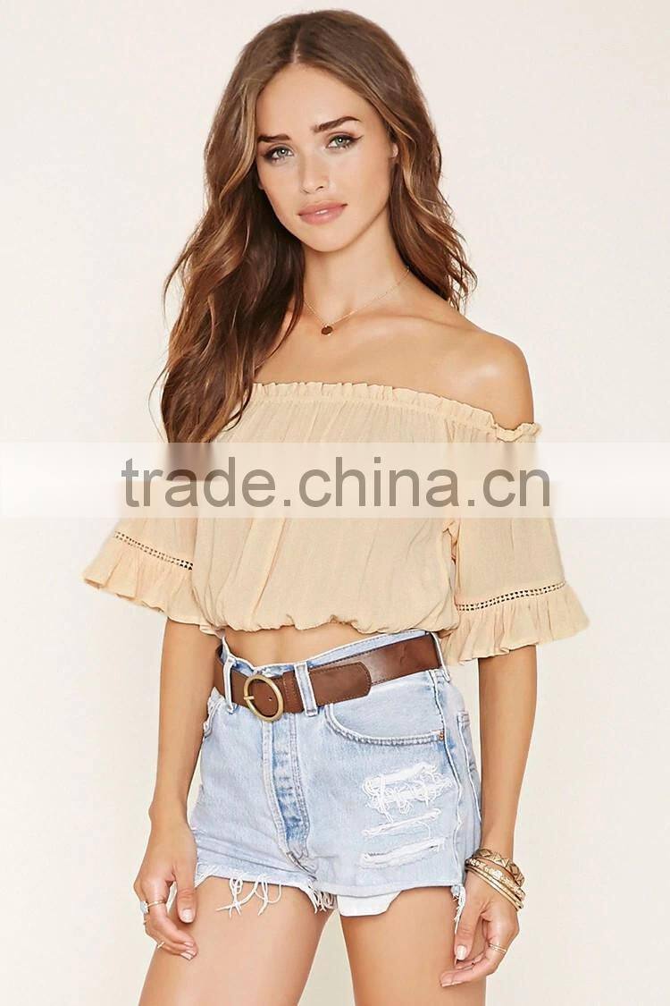 2016 hot sale plain dyed cotton summer fashion off shoulder long sleeve lady pants and blouse