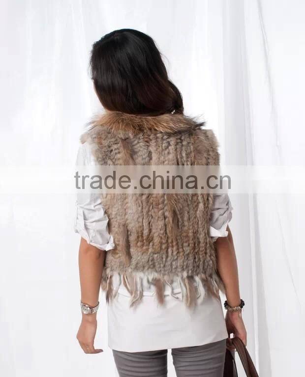 Brown rabbit fur knitted vest dyed color raccoon fur vest for women spring fall winter