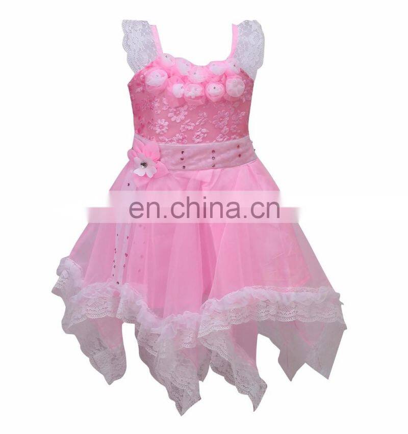 Pink Classy baby girls Party wear frock dress Floral Applique for kids