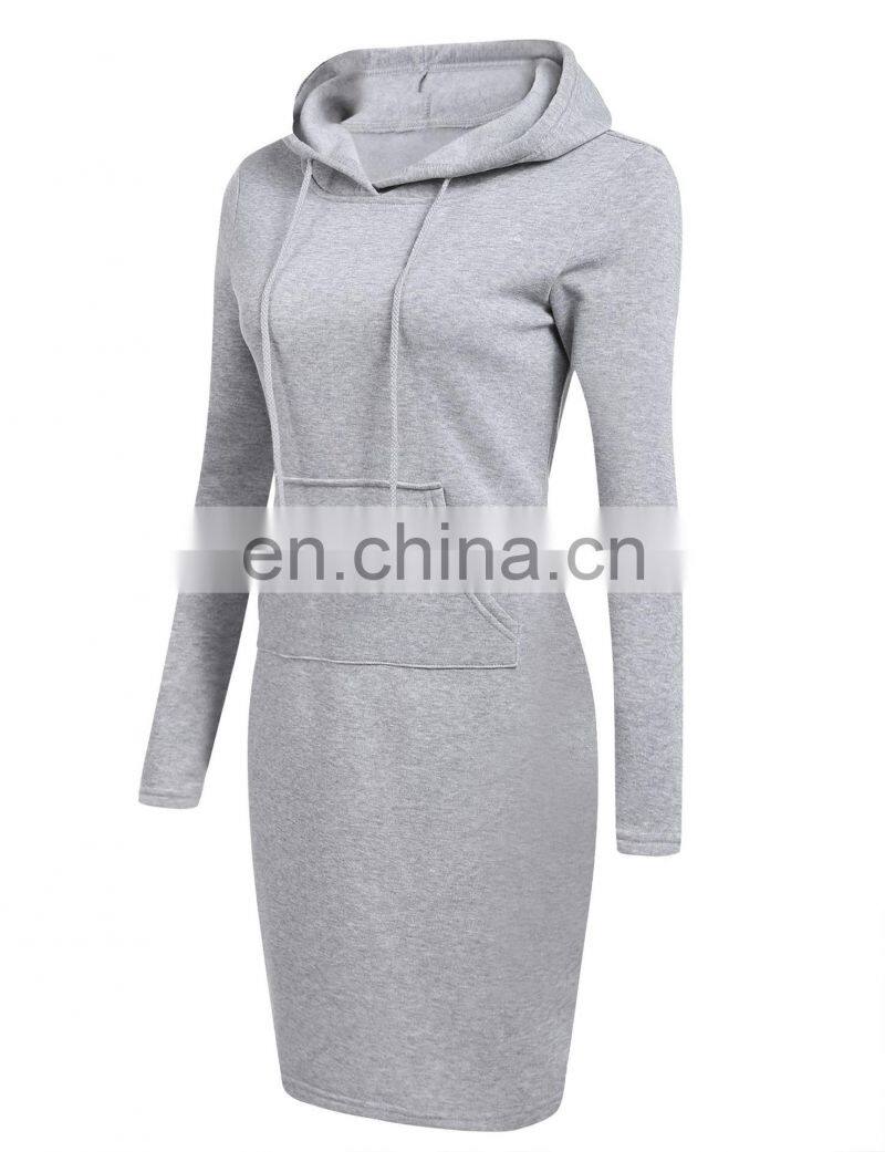 Wholesale custom fashion plain color pocket pullover casual drawstring pure color hoodie women long sleeve dress