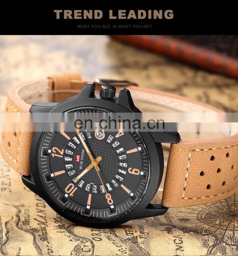 VaVa Voom VA-206 Casual Mens Quartz Watches Calendar Waterproof Fashion Leather Man Watch Wrist
