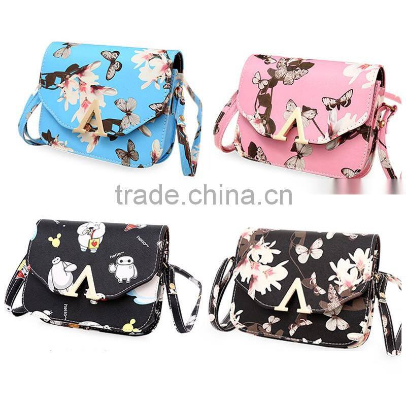 Korean stlye flower butterfly printing fashion big capacity blue womens designer bags ladies PU Leather hobo shoulder bags