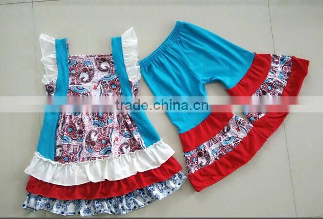 2016 boutique girl clothes 4 July fabric girls outfits kids clothing sets and stripe pants with ruffle