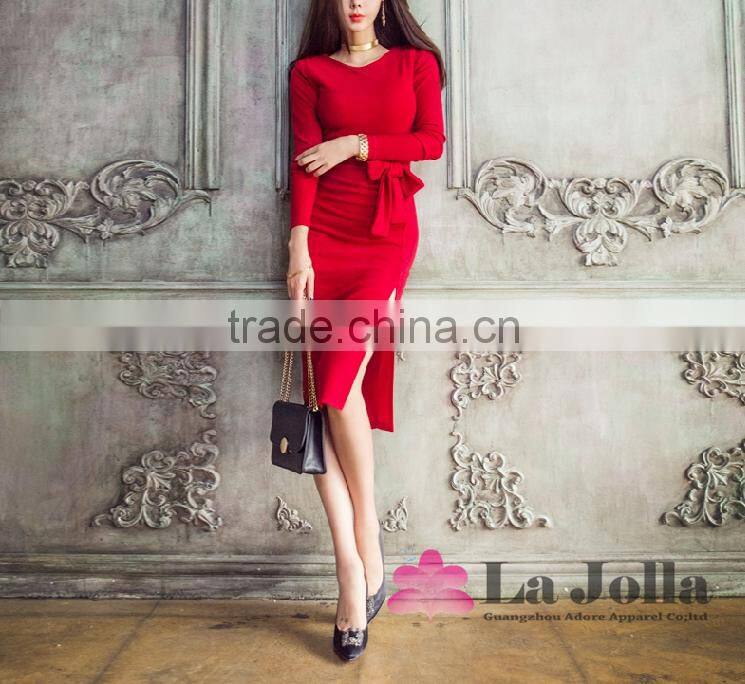 Elegant Long sleeve one-piece red dress sexy side split maxi plus size with belt grown