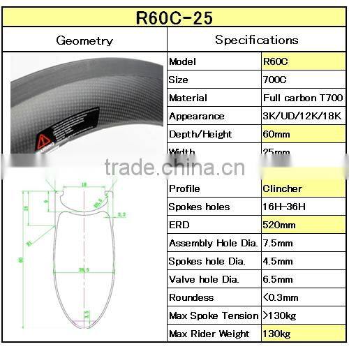 18k matte 700C UDELSA Carbon wheels 60mm deep clincher Bicycle road Wheelset