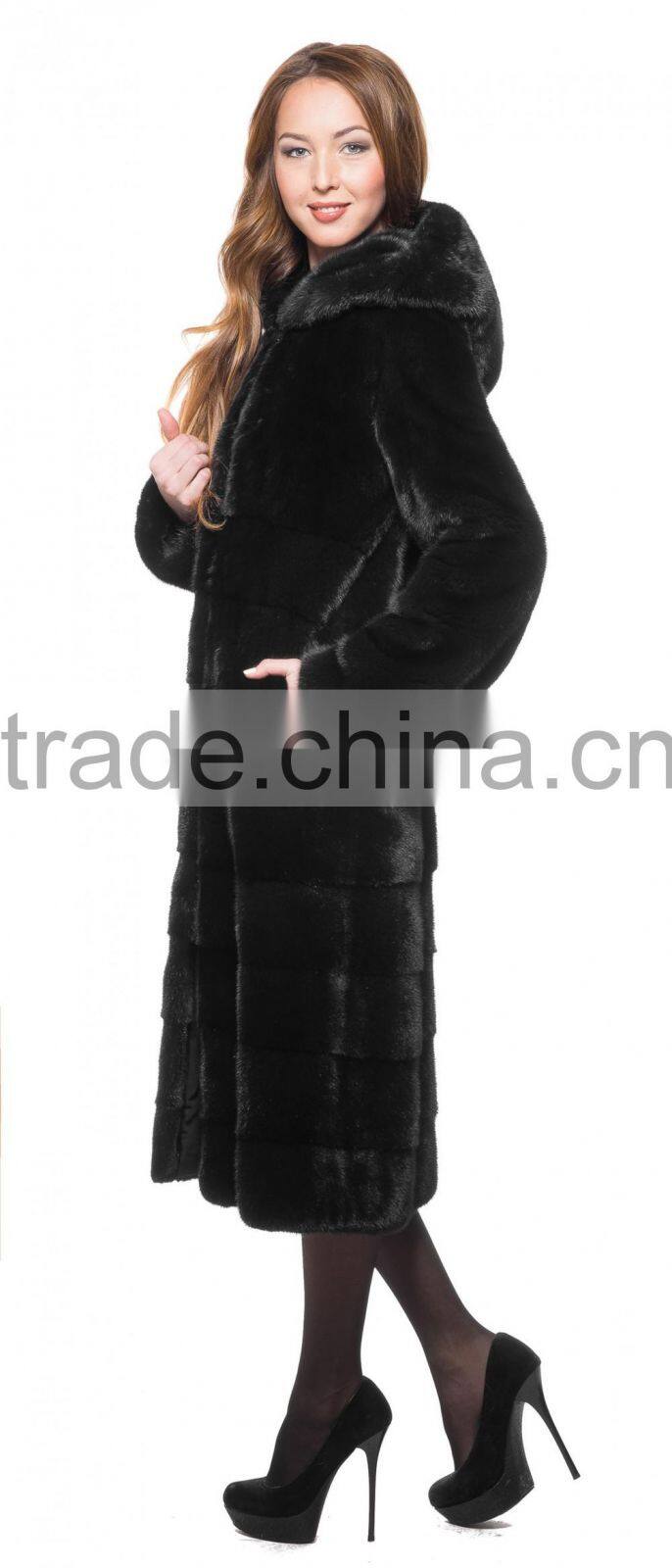 emk1456 real natural mink fur coat with hood black knee-length