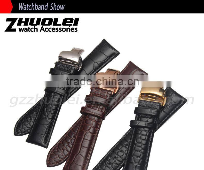 Cheap genuine leather Watch Band with double click stainless steel buckle 18|19|20|21|22mm