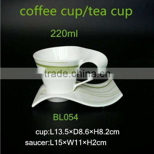 wave shape 220ml bone china tea cup and saucer with green color