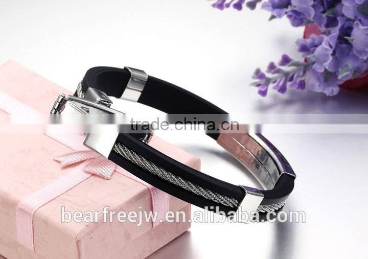 Stainless Steel Black Rubber Silicone Latin Cross Twisted Cable Religious Mens Bracelet