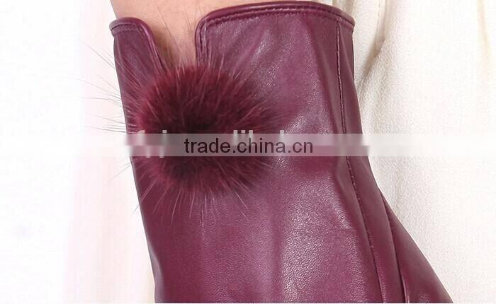 New style women red color sheepskin leather gloves with rabbit fur