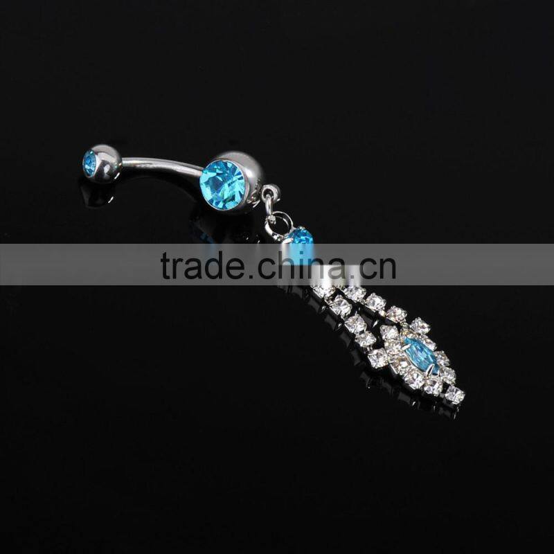 Multi Clears Gems Paved Tassel With Bluish CZ Drop Down Charms Dangle Belly Button Naval Ring.