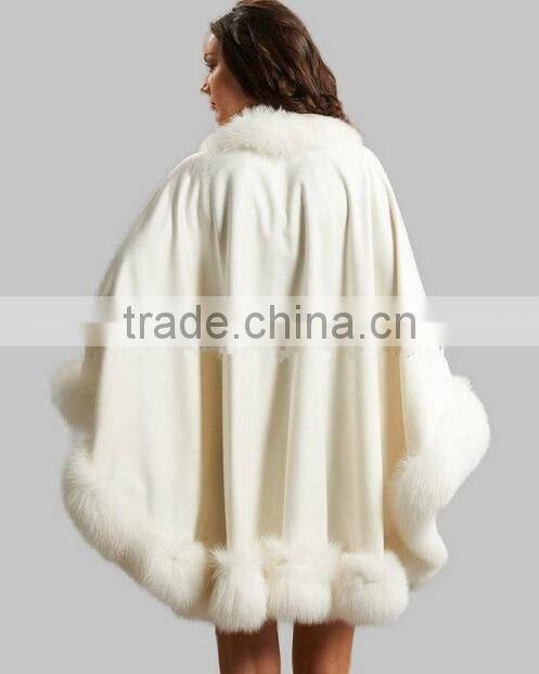 New Fashion Large Size Women White Cashmere Cape with Big Fox Fur Trim