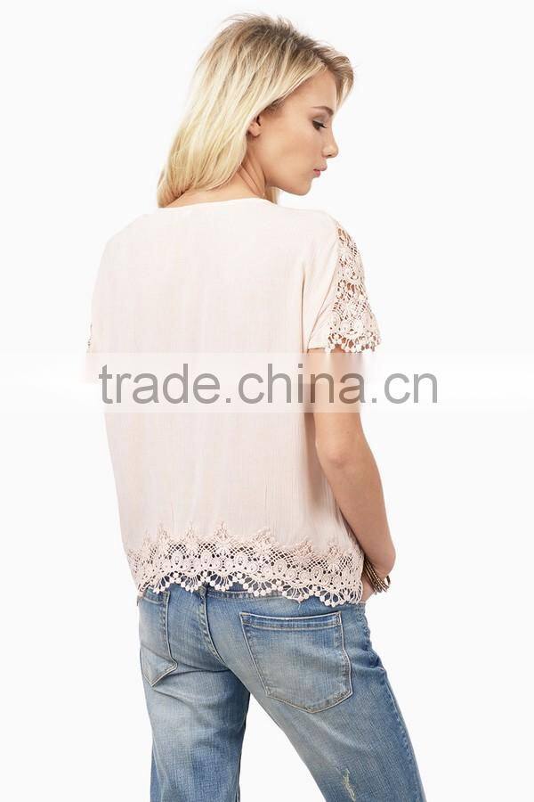 New arrival 2016 fashion embroidery bohemian blouse clothing for women wear, soft jersey lace insert women blouse with button