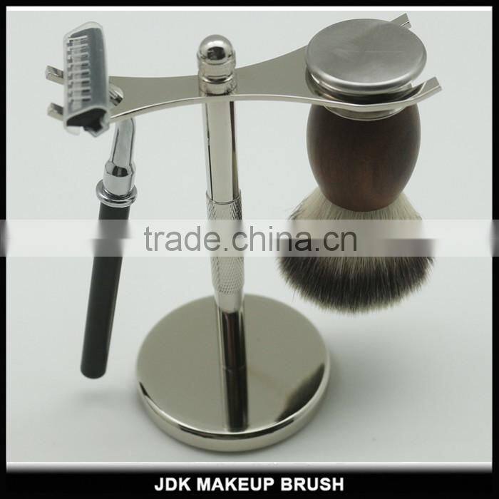 Custom Metal Stand Shaving kit Wood and metal handle nylon shaving brush set with Razor