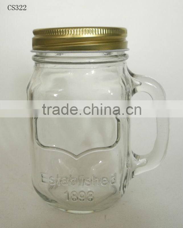 2016 wholesale cheap clear glass mason mug with handle and metal lid