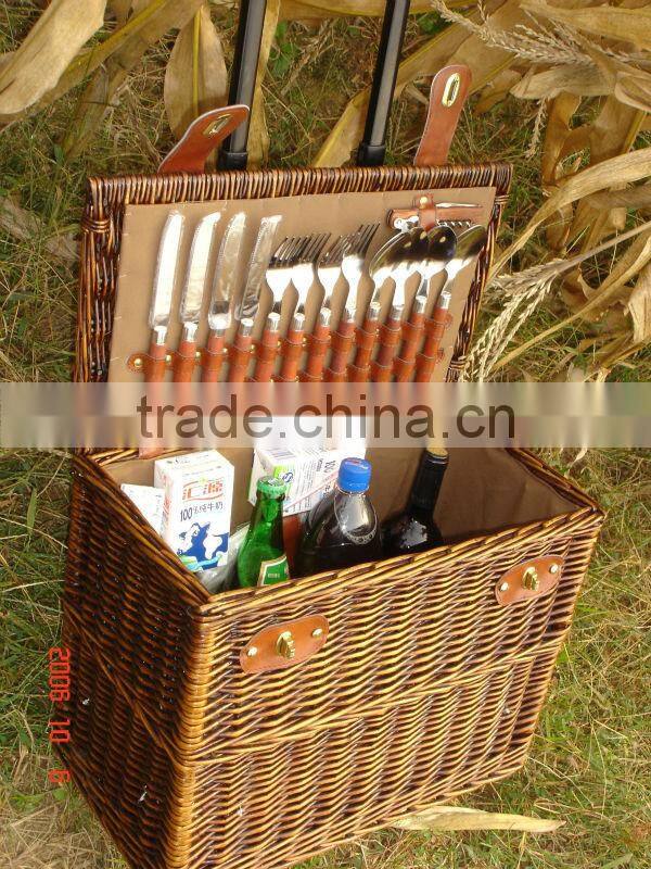 handweave wicker picnic basket with wheels& trolley&pull rodand wheels in autumn &fall