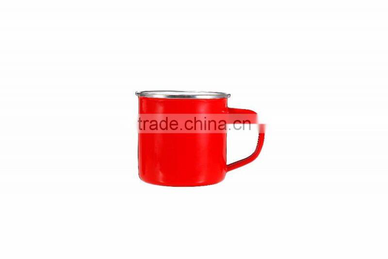 Customer printed Sublimation Enamel Camping Mug With Stainless Steel Rim/rolled Rim gift mug