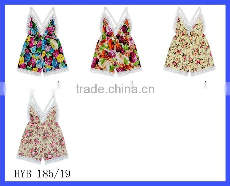 Summer New Boutique Outfits Baby V-neck Playsuit Romper Backless Floral Fabric Jersey Jumpsuit Kid
