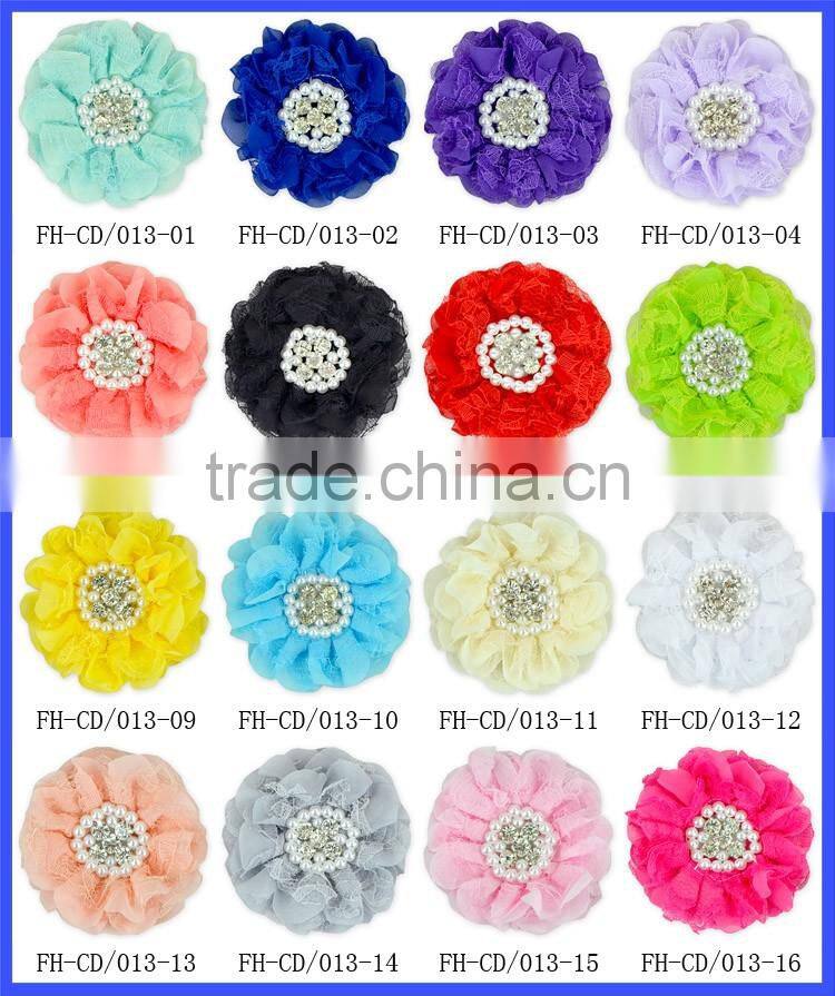 posh ivory cheap wholesale handmade rhinestone center lace fabric flower