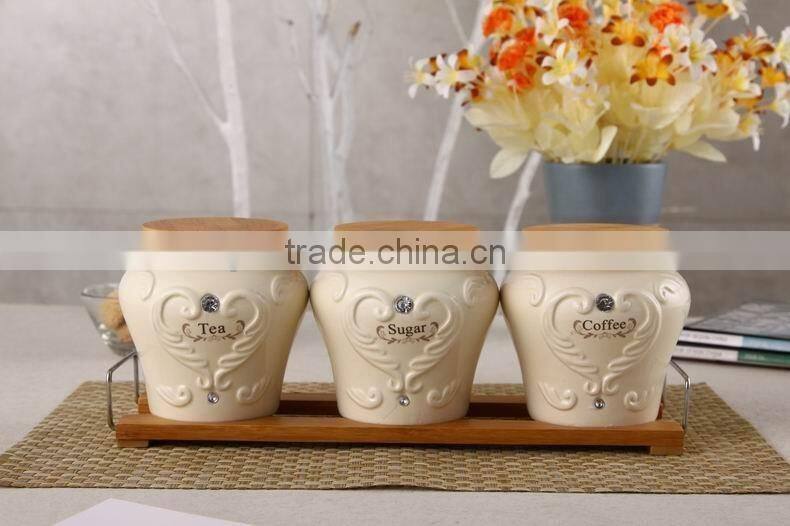 ceramic porcelain canister set,ceramic tea sugar coffee jar, ceramic canister,airtight canister with bamboo lid