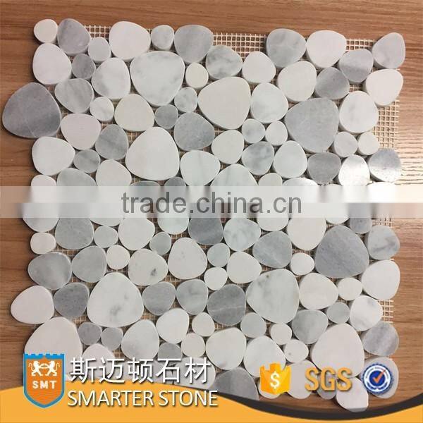 Carrara white marble mosaic polished pebble stone with a mesh