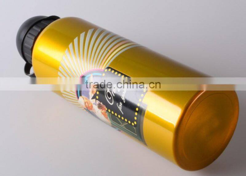 gold color aluminum water bottle with plastic cap