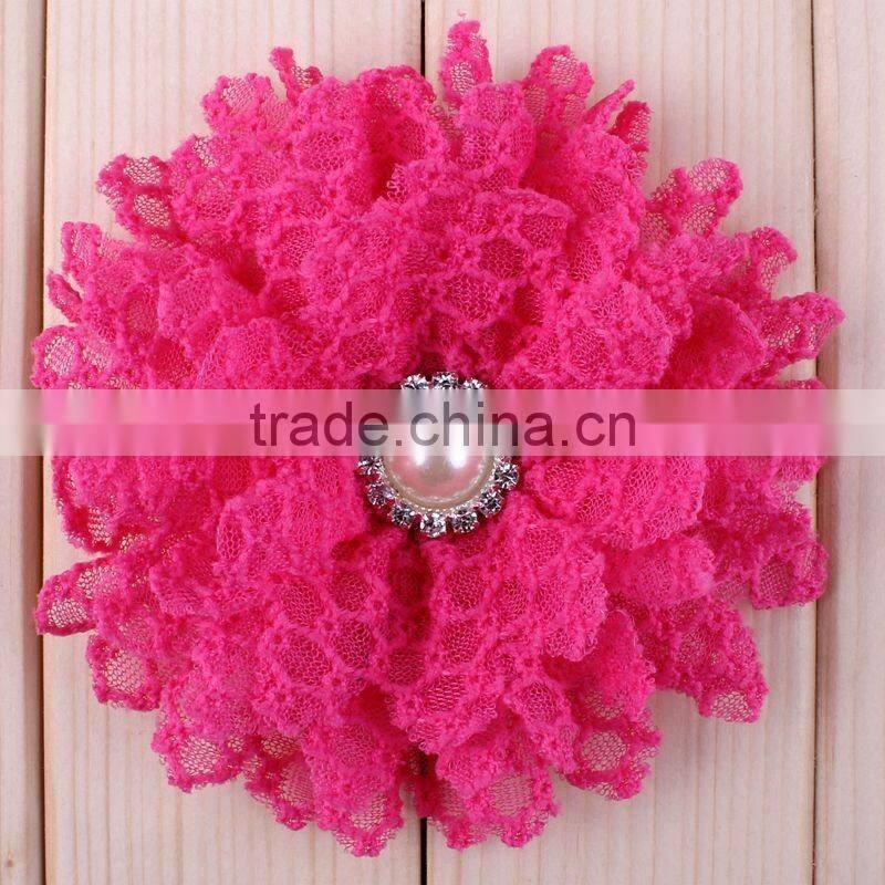 fabric flower with pearl beads center for kids hair accessories