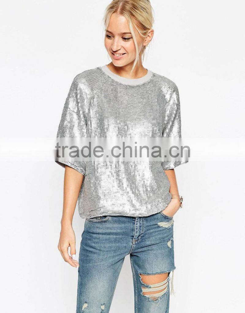 fashionable long sleeve o-neck ladies sequins sparkling t-shirt design