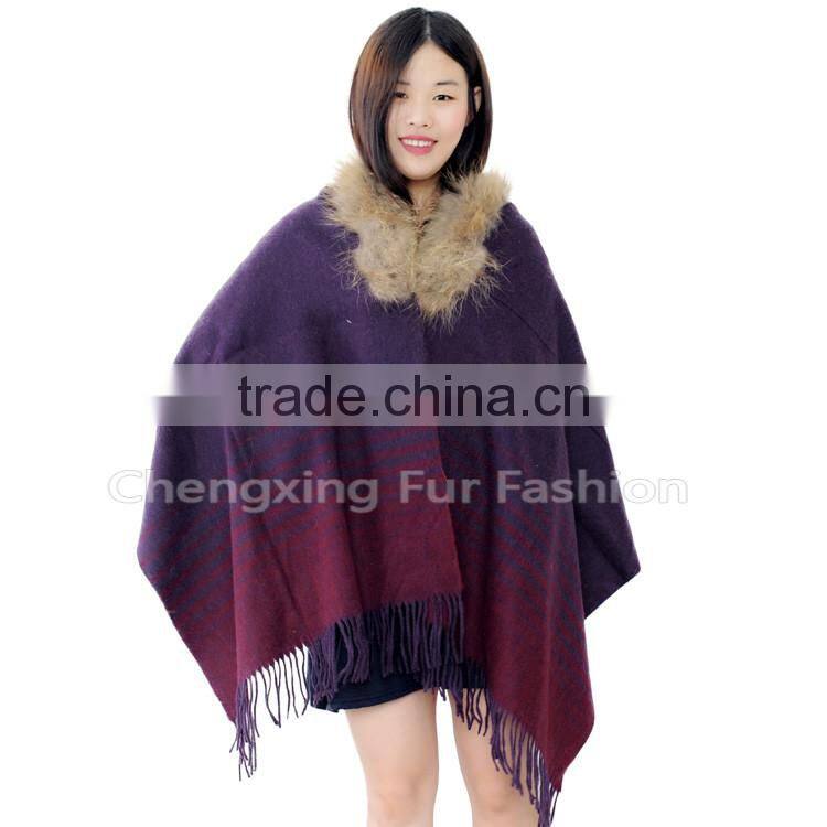 CX-B-P-43G 2016 New Product Noble Shawl Hand Made Wholesale Cashmere Capes And Raccoon Fur Trim Cape