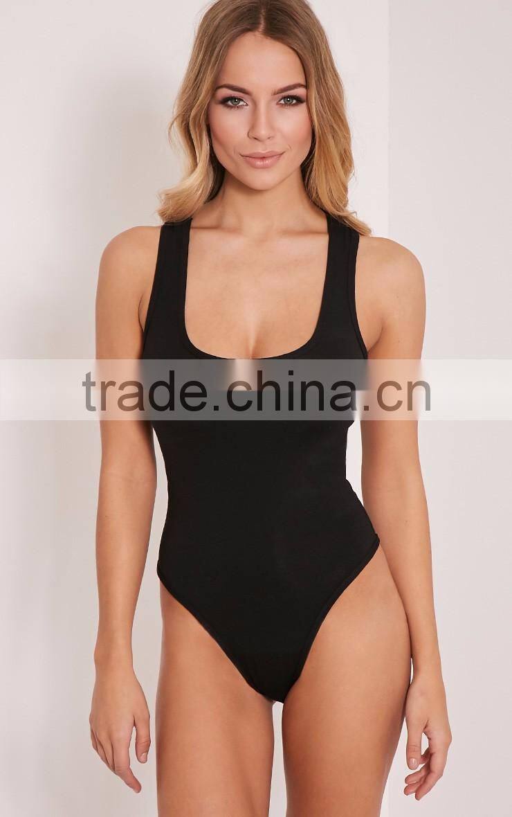 Custom Women Plain Black Cotton Spandex Slim Fit Ladies Basic Black Racer Back Bodysuit