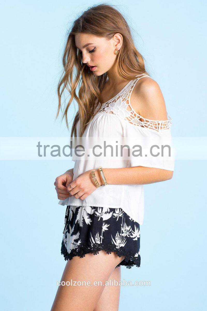 Hot selling cold shoulder crochet embellished blouse/fashion woman blouses