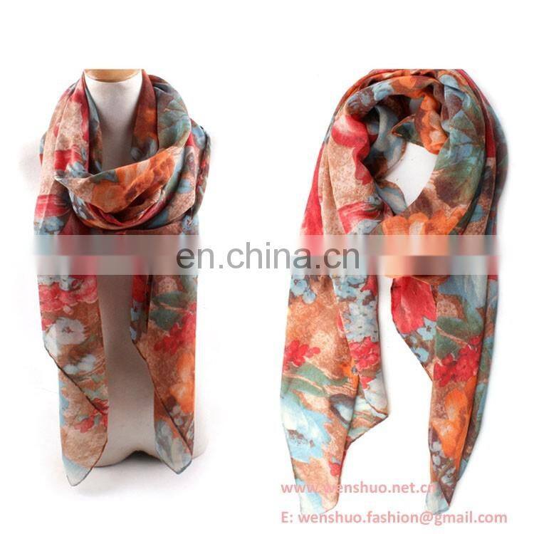 2016 Solid Polychrome Lily Printed Scaf Ladies Rural Style Viscose Shawl