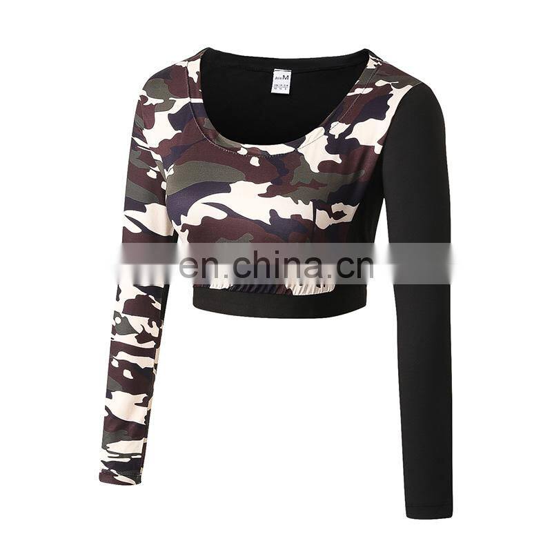 Hot sexy fashion design camo print quick dry long sleeves gym wear t-shirt women