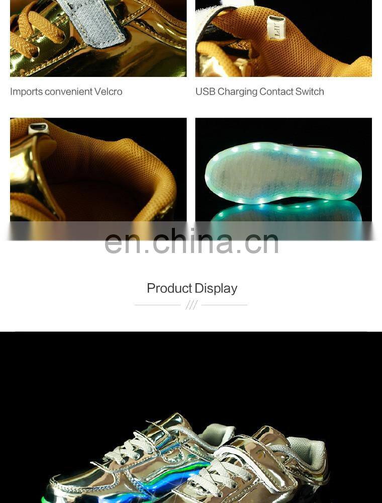 Factory Wholesale new design shining mirror finish PU leather Children Kids LED shoes sneakers footwear