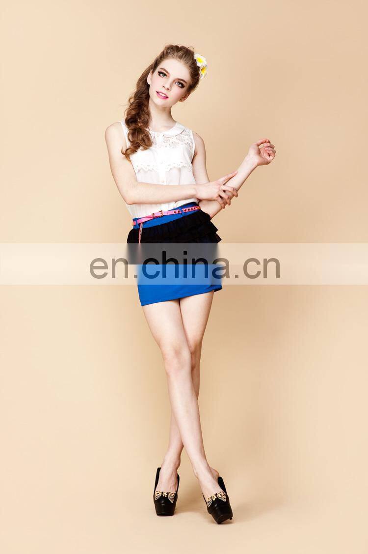 2013lastest design blue splicing with black three layer chiffon like agaric casual skirt