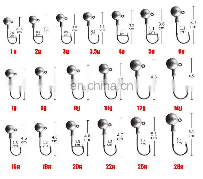 50pcs/bag 1g-2g-3g-4g- 5g-6g-7g-8g-9g-10g-12g-14g-16g-18g-20g-22g-25g-28g Worm Fishkook Original Jig Head Hook