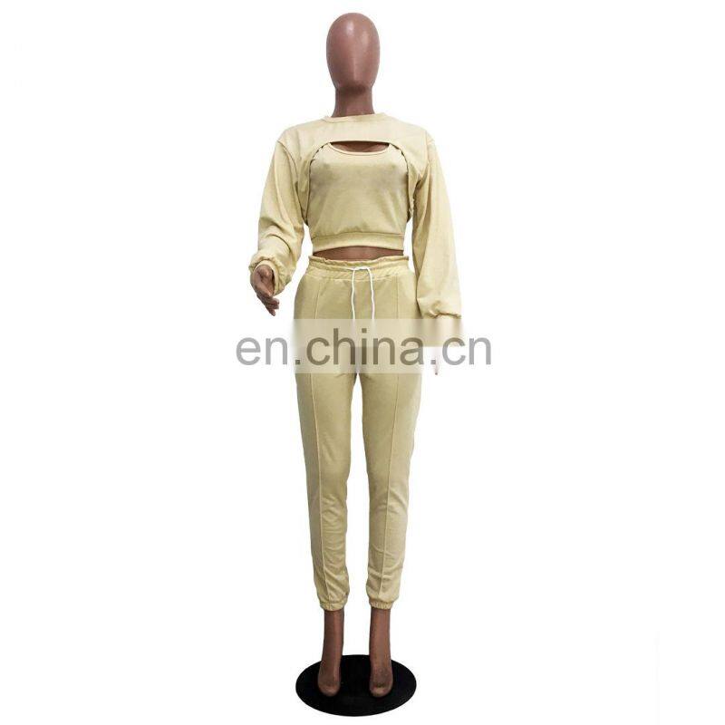 New Products 2021 Ladies Long Sleeve Bodysuit Jumpsuit 3 Piece Set Ladies Stacking Jogging Set
