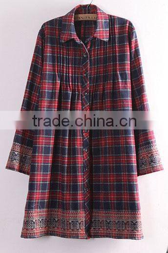 lady checked long skirt cotton shirt emboridery long sleeve blouse