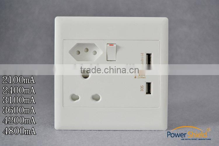 2015 latest Type D / M South Africa / India /Brazil wall socket with Twins USB powr outlet 250V 16A