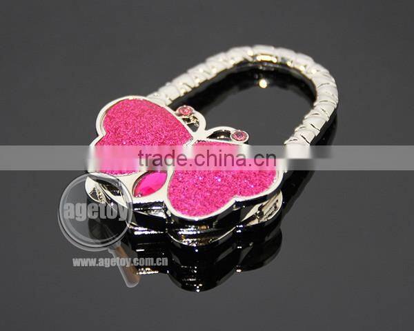 Rose Red Color Shimmering Powder Butterfly Shaped Zinc Alloy Metal Foldable Portable Promotional Bag Hook