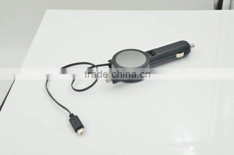 New design protable 3.1A car battery charger with double retractable built-in cable for iphone/samsung/Type-C/htc/blackberry